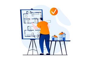 Real estate concept with people scene in flat cartoon design. Architect draws blueprint with plan in apartments for project for construction of new houses. illustration visual story for web vector