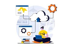 SaaS concept with people scene in flat cartoon design. Woman working with hosting, uploading and downloading files, cloud technology. Software as a service. illustration visual story for web vector