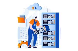 Server maintenance concept with people scene in flat cartoon design. Man engineer working at server rack hardware room, fixing, repair and support equipment. illustration visual story for web vector