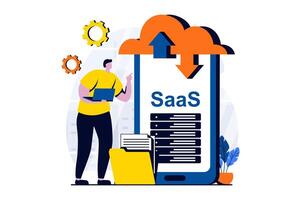 SaaS concept with people scene in flat cartoon design. Man working with uploading and downloading files at online mobile application. Software as a service. illustration visual story for web vector