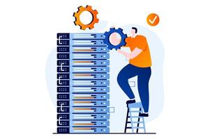 Server maintenance concept with people scene in flat cartoon design. Man working in server rack hardware room, settings and optimization, fixing connection. illustration visual story for web vector