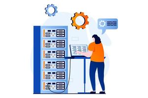 Server maintenance concept with people scene in flat cartoon design. Woman working at laptop in server rack hardware room, monitoring and administration. illustration visual story for web vector