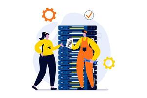 Server maintenance concept with people scene in flat cartoon design. Man and woman fixing problems, settings and optimization connection of internet provider. illustration visual story for web vector