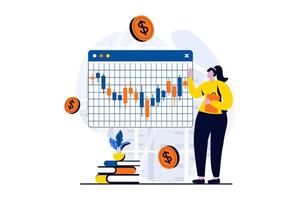 Stock market concept with people scene in flat cartoon design. Woman buys and sells on exchange with successful strategy, analyzes data and increases income. illustration visual story for web vector