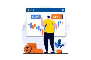 Stock market concept with people scene in flat cartoon design. Man buys and sells stocks on exchange, analyzes statistics and charts and increases income. illustration visual story for web vector