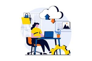 SaaS concept with people scene in flat cartoon design. Woman working with data, uploading and downloading files using cloud storage. Software as a service. illustration visual story for web vector