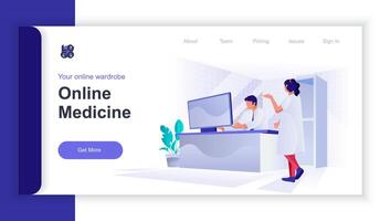 en línea medicina concepto 3d isométrica web bandera con personas escena. médico y enfermero consultante pacientes en línea, equipo para tratamiento. ilustración para aterrizaje página y web modelo diseño vector