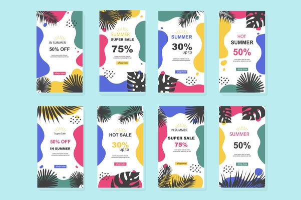 Summer sale template for instagram stories. Mockups vertical design with discount prices for seasonal online shopping with tropical leaves frames. Collection layouts for insta story at social network