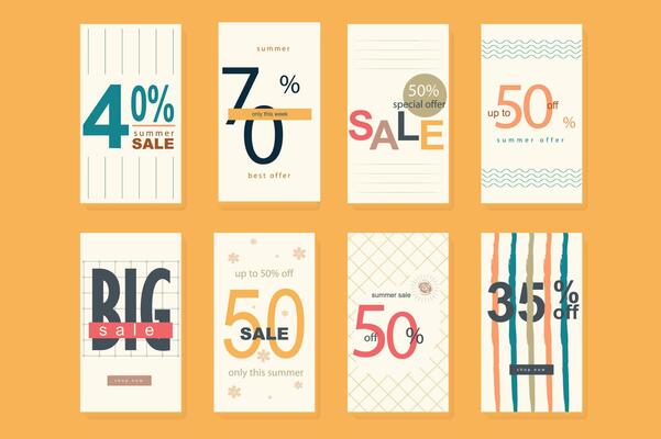 Summer sale template for instagram stories. Vertical banners mockup for seasonal sale with modern numbers design, abstracts prints, decor elements. Collection layouts for insta story at social network