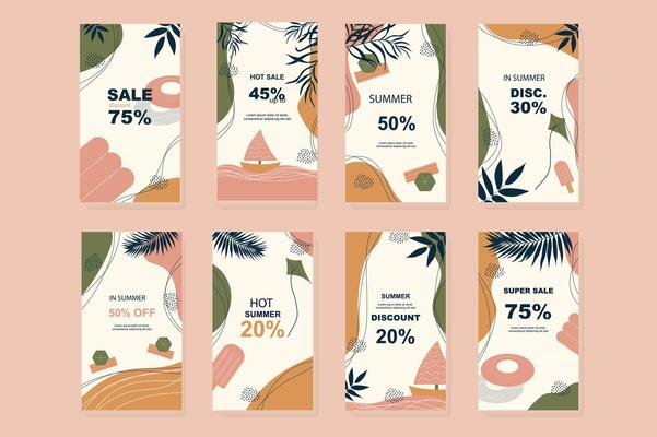 Summer sale template for instagram stories. Vertical promo banners design with abstract elements of summertime vacation at sea and tropical leaves. Collection layouts for insta story at social network