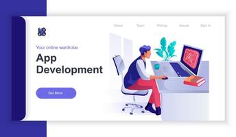 App development concept 3d isometric web banner with people scene. Man works at laptop in office, creates interface layout for application. illustration for landing page and web template design vector