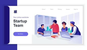 Startup team concept 3d isometric web banner with people scene. Employees collaborate and generate ideas and launch new business together. illustration for landing page and web template design vector