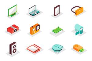 Electronics concept 3d isometric icons set. Pack isometry elements of computer, laptop, smartphone, vr glasses, camera, music speaker, wifi router and other. illustration for modern web design vector