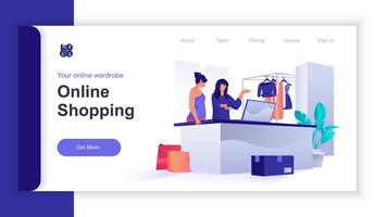 Online shopping concept 3d isometric web banner with people scene. Buyers choose goods on store website, pay online and make purchases. illustration for landing page and web template design vector