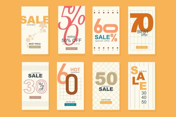 Summer sale template for instagram stories. Vertical promo banners with modern numbers design for discount price signs, flowers and decor elements. Collection layouts for insta story at social network