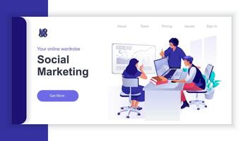 Social marketing concept 3d isometric web banner with people scene. Team researches market and customers, brainstorms, develops strategy. illustration for landing page and web template design vector