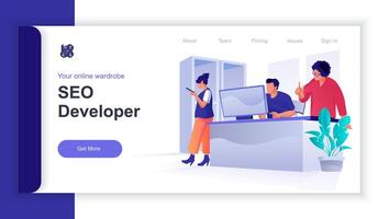 Seo developer concept 3d isometric web banner with people scene. Team studies search trends, optimizes and creates successful strategy. illustration for landing page and web template design vector