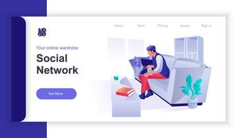 Social network concept 3d isometric web banner with people scene. Man communicates online, chatting with friends and browsing using laptop. illustration for landing page and web template design vector