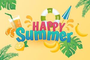 Happy summer background in flat cartoon design. Wallpaper with text and composition of lemonade, banana, orange, lemon, lifebuoy, tropical leaves. illustration for poster or banner template vector