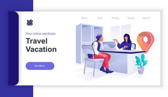 Travel vacation concept 3d isometric web banner with people scene. Man chooses tour for trip and consults with travel agency operator. illustration for landing page and web template design vector