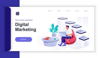 Digital marketing concept 3d isometric web banner with people scene. Man works with social networks on laptop and promotes business online. illustration for landing page and web template design vector