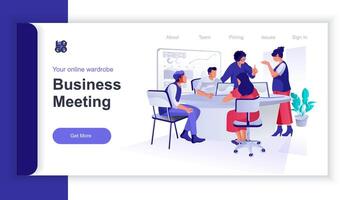 Business meeting concept 3d isometric web banner with people scene. Colleagues discussing at conference, researching report presentation. illustration for landing page and web template design vector