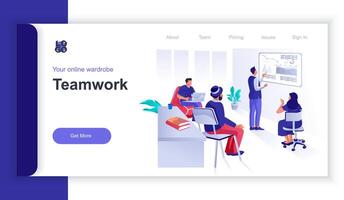 Teamwork concept 3d isometric web banner with people scene. Colleagues watch presentation in office, discussing work tasks at conference. illustration for landing page and web template design vector