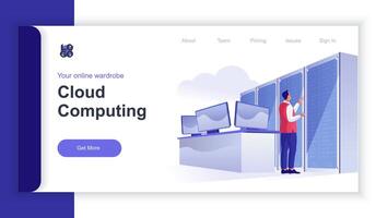 Cloud computing concept 3d isometric web banner with people scene. Man optimizes work of cloud computing in data center and tech support. illustration for landing page and web template design vector