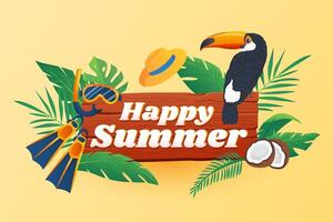 Happy summer background in flat cartoon design. Wallpaper with text and composition of diving mask and flippers, coconut, toucan and tropical leaves. illustration for poster or banner template vector