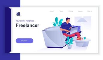 Freelancer concept 3d isometric web banner with people scene. Remote worker working on laptop at home, freelance and online business. illustration for landing page and web template design vector