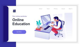 Online education concept 3d isometric web banner with people scene. Student listens to online lecture, studying remotely and e-learning. illustration for landing page and web template design vector