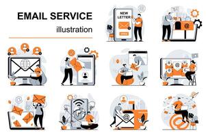 Email service concept with people scenes set in flat design. Women and men writing letter, chatting and sending messages. Online correspondence. illustration visual stories collection for web vector