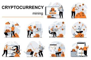 criptomoneda minería concepto con personas escenas conjunto en plano diseño. mujer y hombres minería digital dinero a granjas, hacer bitcoins operaciones. ilustración visual cuentos colección para web vector