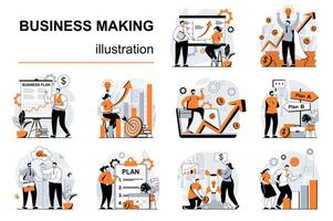 negocio haciendo concepto con personas escenas conjunto en plano diseño. mujer y hombres haciendo presentación, márketing investigación, crear plan y estrategia. ilustración visual cuentos colección para web vector