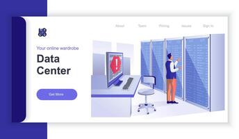 Data center concept 3d isometric web banner with people scene. Engineer maintains connection and configures hardware in server room rack. illustration for landing page and web template design vector