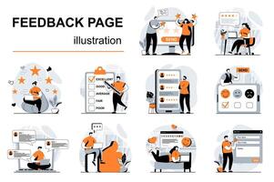 Feedback page concept with people scenes set in flat design. Women and men leave comments with reviews and ratings online. Customer satisfaction. illustration visual stories collection for web vector