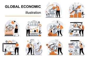 global económico concepto con personas escenas conjunto en plano diseño. mujer y hombres investigando mercado tendencias y desarrollando internacional negocio. ilustración visual cuentos colección para web vector