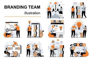 Branding team concept with people scenes set in flat design. Women and men launch business brand, create logo and identity, company personality. illustration visual stories collection for web vector