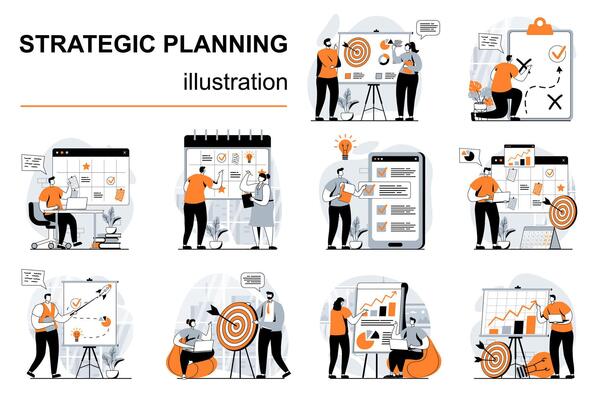 Strategic planning concept with people scenes set in flat design. Women and men create plan, generate ideas, analyze statistics, create strategy. illustration visual stories collection for web
