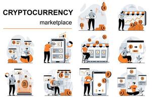 criptomoneda mercado concepto con personas escenas conjunto en plano diseño. mujer y hombres hacer bitcoins operaciones, comercio en virtual cripto mercado. ilustración visual cuentos colección para web vector