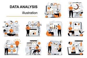 datos análisis concepto con personas escenas conjunto en plano diseño. mujer y hombres trabajando con gráficos, haciendo márketing investigación o financiero informes. ilustración visual cuentos colección para web vector