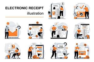 Electronic receipt concept with people scenes set in flat design. Women and men pay invoice online, using banking services and transactions. illustration visual stories collection for web vector