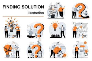 Finding solution concept with people scenes set in flat design. Women and men think, generate ideas, brainstorming and creativity for business. illustration visual stories collection for web vector