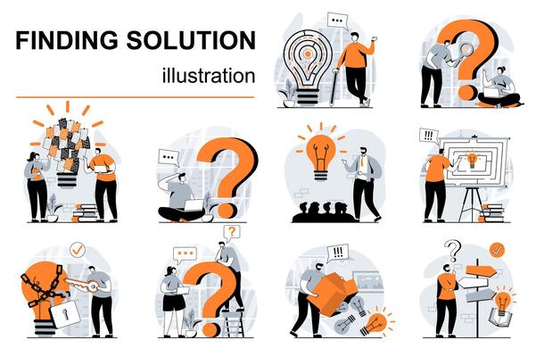 Finding solution concept with people scenes set in flat design. Women and men think, generate ideas, brainstorming and creativity for business. illustration visual stories collection for web