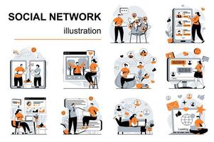 Social network concept with people scenes set in flat design. Women and men chatting in messenger, communicates online, posting photos and news. illustration visual stories collection for web vector