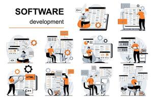 Software development concept with people scenes set in flat design. Women and men creating apps and programing, testing code, work in IT industry. illustration visual stories collection for web vector