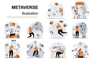 metaverso concepto con personas escenas conjunto en plano diseño. mujer y hombres en vr lentes interactuando con aumentado realidad para juegos, aprendiendo, trabajar. ilustración visual cuentos colección para web vector