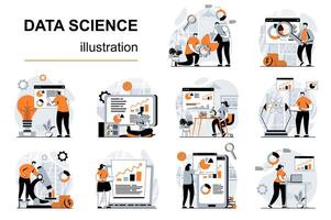 Data science concept with people scenes set in flat design. Women and men analyzing information, scientist working with databases at graphs. illustration visual stories collection for web vector