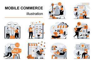 móvil comercio concepto con personas escenas conjunto en plano diseño. mujer y hombres escoger ropa en móvil aplicación, hacer rentable compras, pagar en línea. ilustración visual cuentos colección para web vector