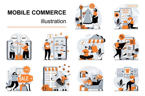Mobile commerce concept with people scenes set in flat design. Women and men choose clothes in mobile app, make profitable purchases, pay online. illustration visual stories collection for web